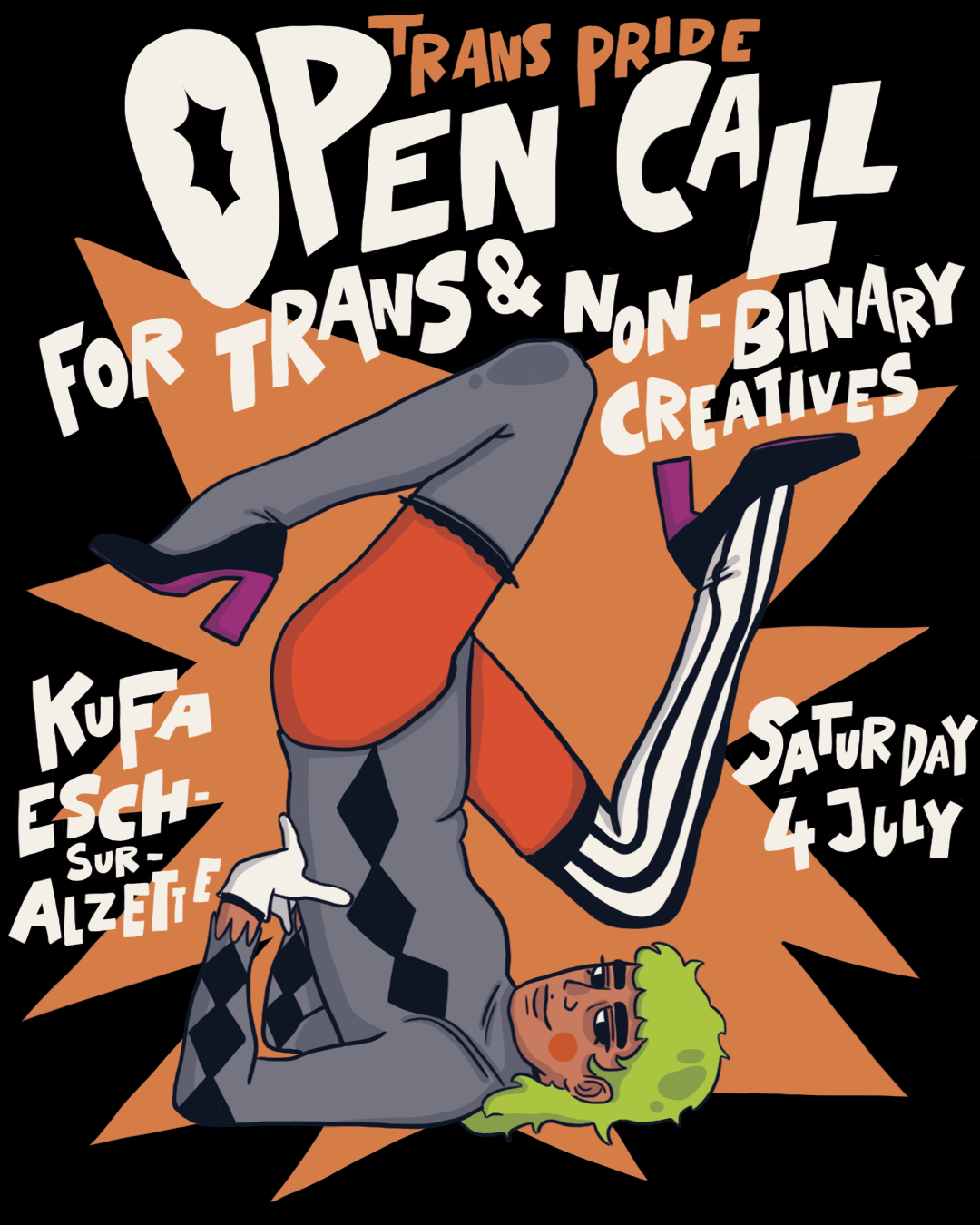 Announcement poster for the open call for trans & non-binary creatives for the trans pride on July 4 2026 at Kulturfabrik in Esch/Alzette.